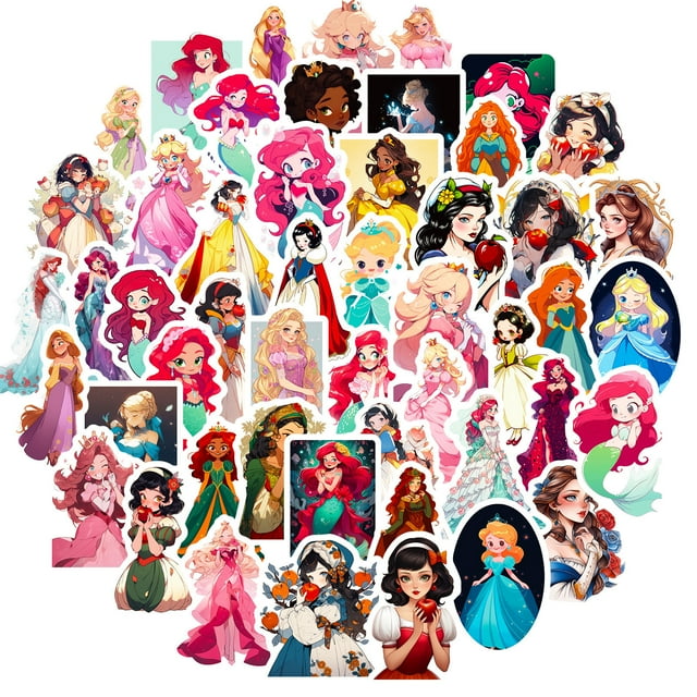 Paquete de pegatinas de vinilo con diseño de princesa de dibujos animados, 50 unidades