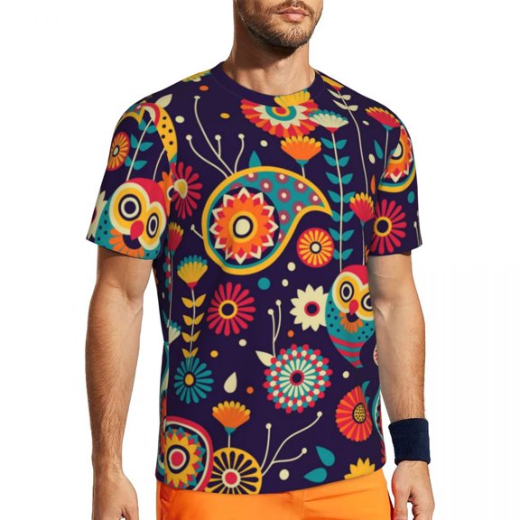 T Shirt For Men Vibrant Owl Running Summer Retro Floral Print Casual T-Shirts Hippie Tshirt For Men