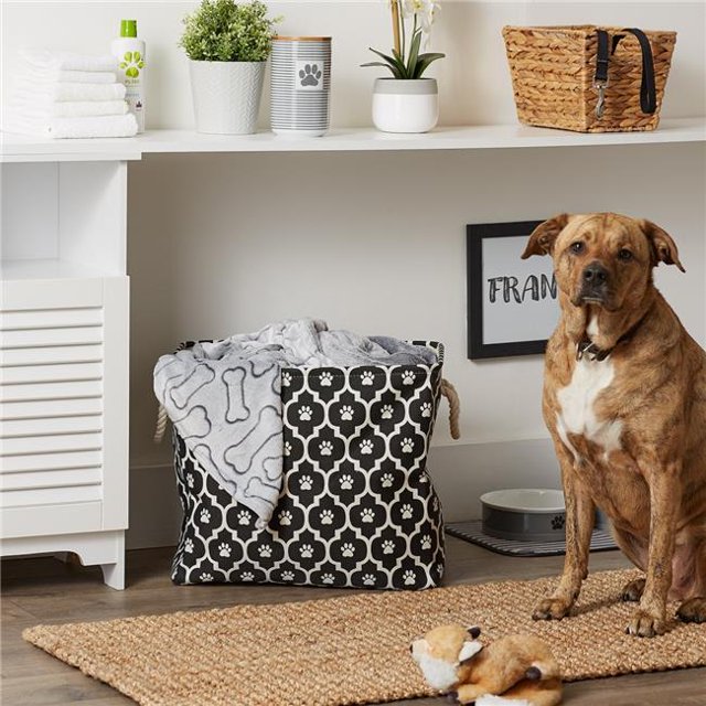 Design Imports CAMZ12541 Lattice Paw Rectangle Polyester Pet Bin, Black - Large