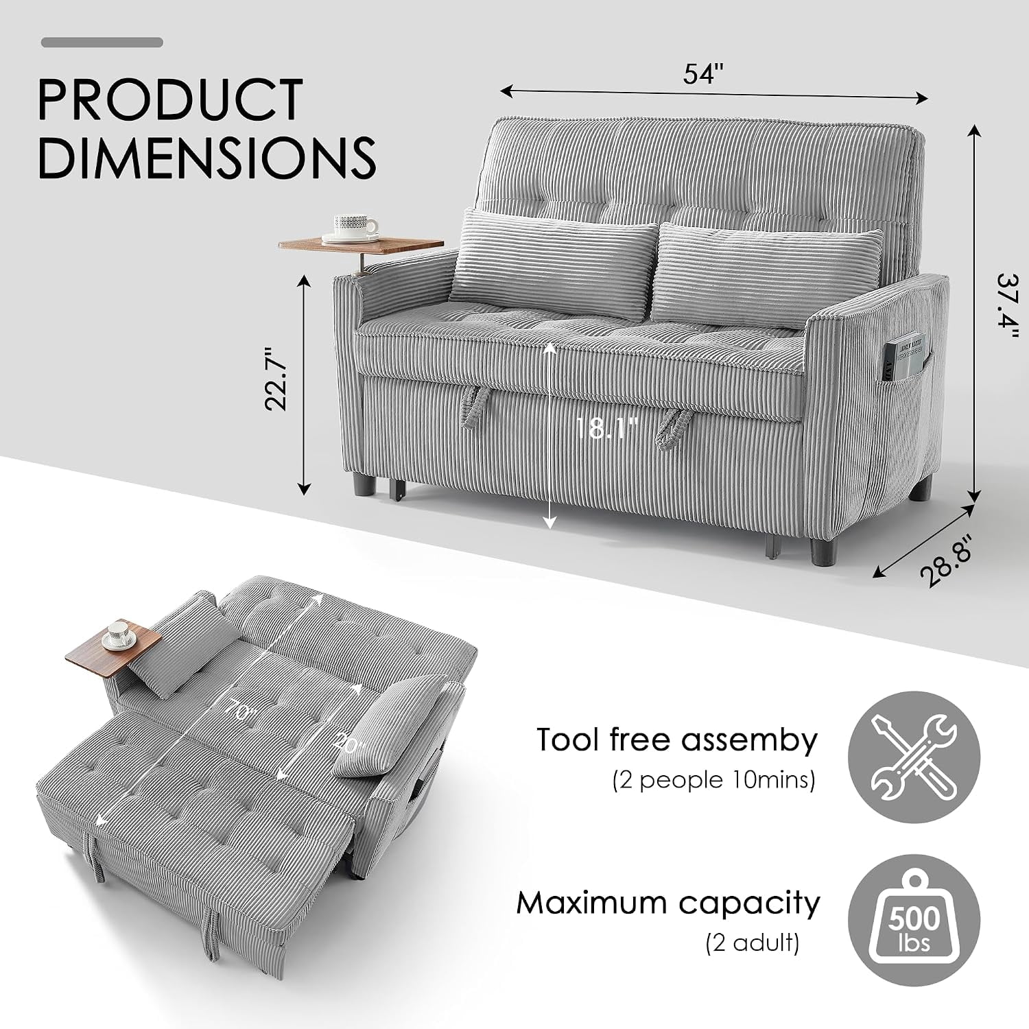 55" Sleeper Sofa Bed, Convertible Pull Out Couch with Side Stand, USB Ports, Side Pockets, Corduroy Fabric, Adjustable Backrest, Light Grey