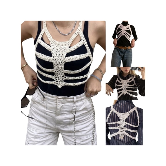 Seyurigaoka Women Knit Sweater Rainbow Striped Tank Gothic Skeleton Bones Cami Corset Crop Tops E-Girl Harajuku Grunge Mini Vest