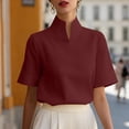 thumbnail image 7 of Women's Solid V-Neck Work Blouse Short Sleeve Stand Collar Business Casual Office Shirt, 7 of 7