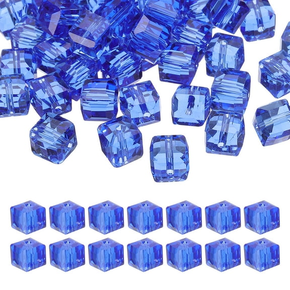 Uxcell 10mm Crystal Cube Beads, 50 Pcs Square Glass Beads Loose Spacer Beads, Blue