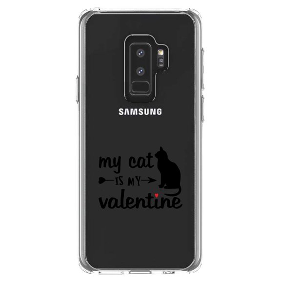 DistinctInk Clear Shockproof Hybrid Case for Samsung Galaxy S9  PLUS (6.2" Screen) - TPU Bumper Acrylic Back Tempered Glass Screen Protector - My Cat is My Valentine
