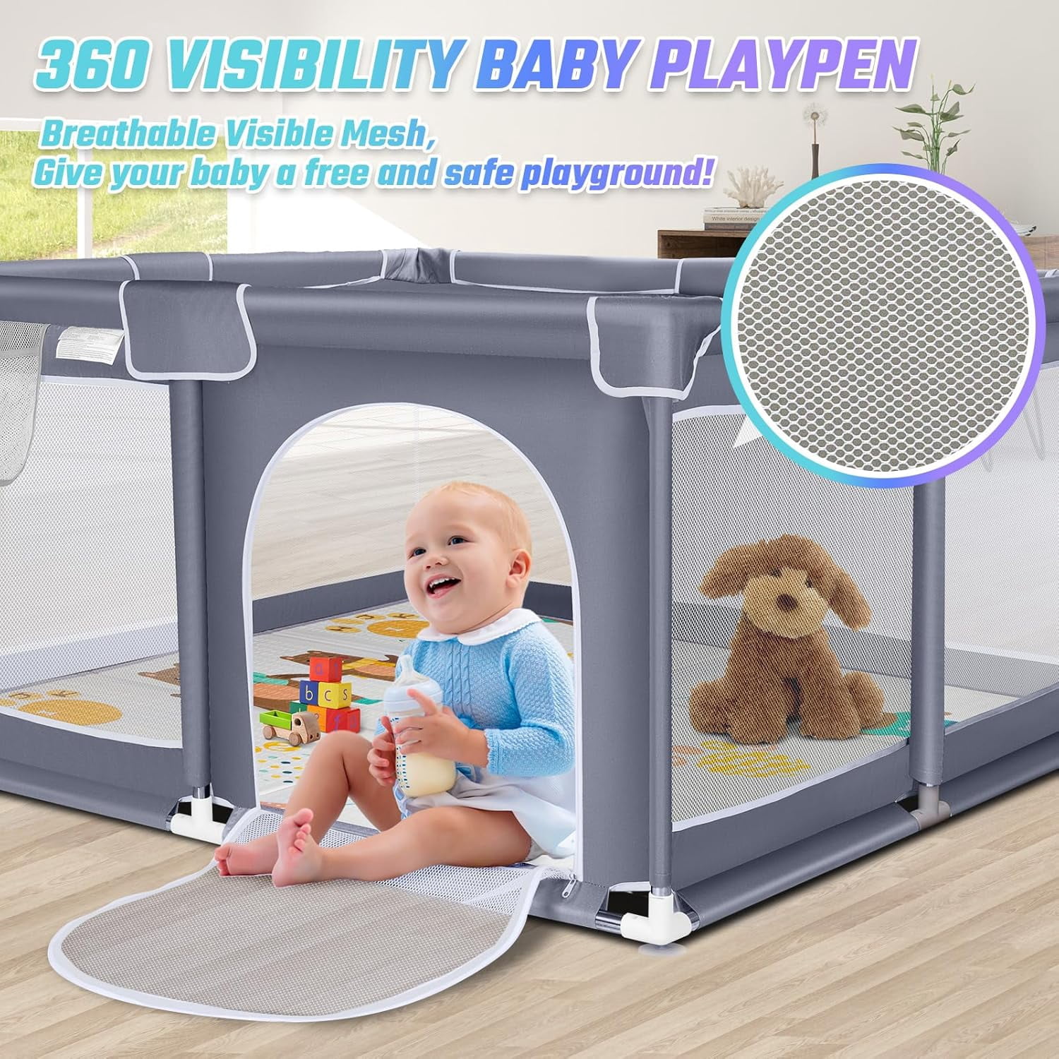 kmaier Baby Playpen , Large Indoor and Outdoor Play Yards, 360° Visibility , for Toddler-Grey