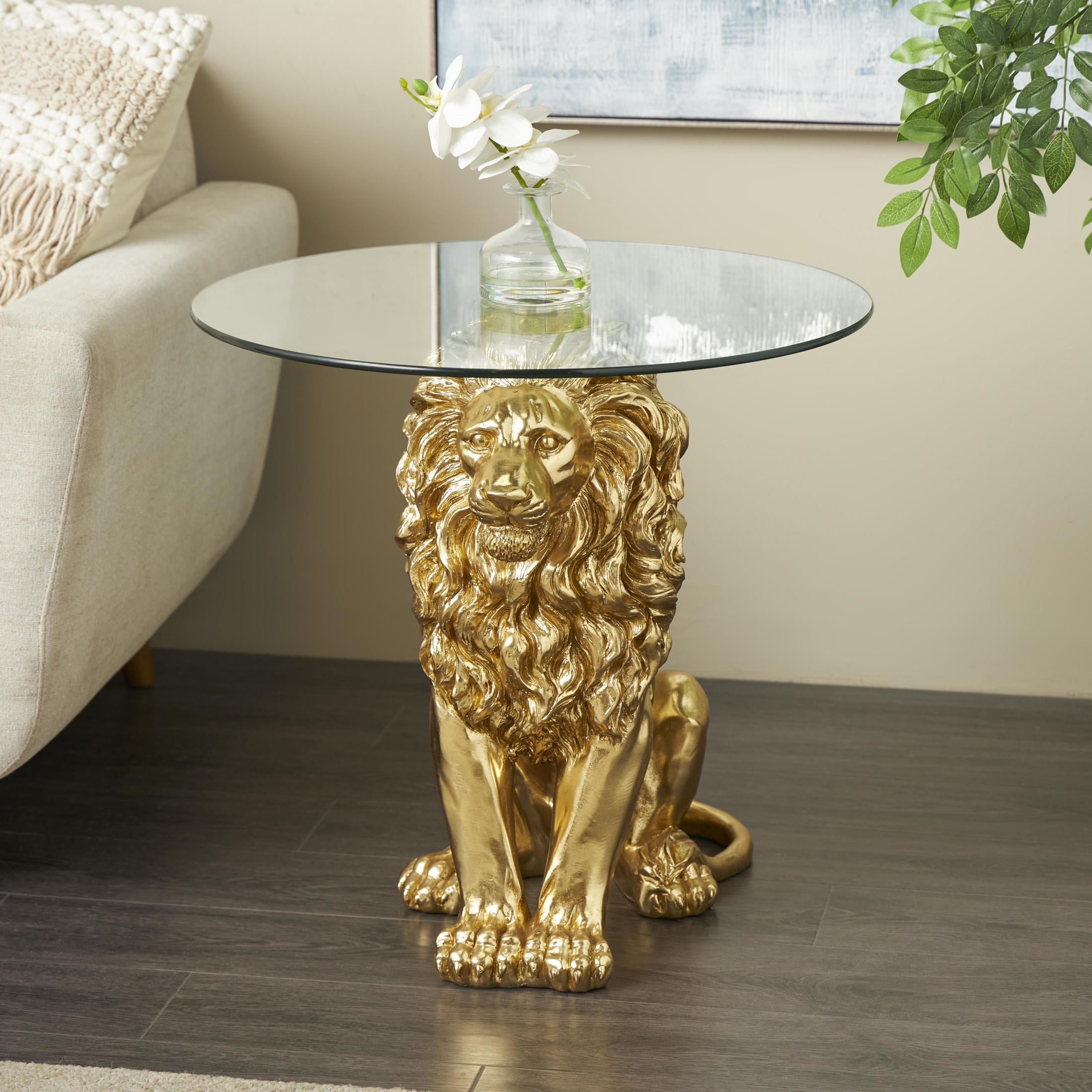 Glass Top Coffee Table ~ Mid Century Brass Lion Head Wood