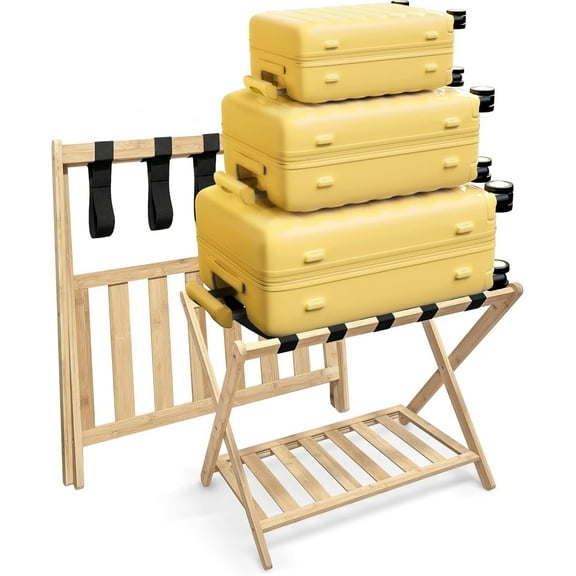 Fully Assembled Luggage Rack for Guest Room, Bedroom, Hotel - Natural Bamboo Suitcase Stand, Foldable with 2 Layers - Luggage Racks for Suitcases, up to 150 lbs