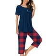 thumbnail image 2 of HUJlwoi Pleated Pajama Sets for Women 2025 Printed Capri Pants Sleepwear Short Sleeve Button down 2 Piece Lounge Pj Sets, 2 of 7