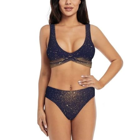 Zeuib Gold Black Glitter High Waisted Tummy Control Bikini Set - Knot Front Push Up Top & Cheeky Thong Bottom  Two-Piece Swimsuit for Women-Medium