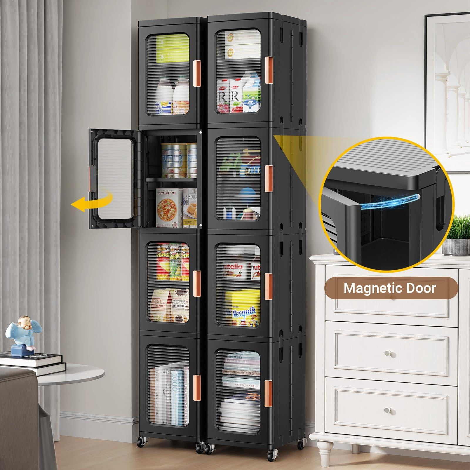 BROVIEW 1-Tier Tall Narrow Storage Cabinet Organizer, Slim Bathroom Cabinets with Doors and Shelves Adjustable, Plastic Kitchen Pantry Organizers and Storages for Small Space, Laundry, Black