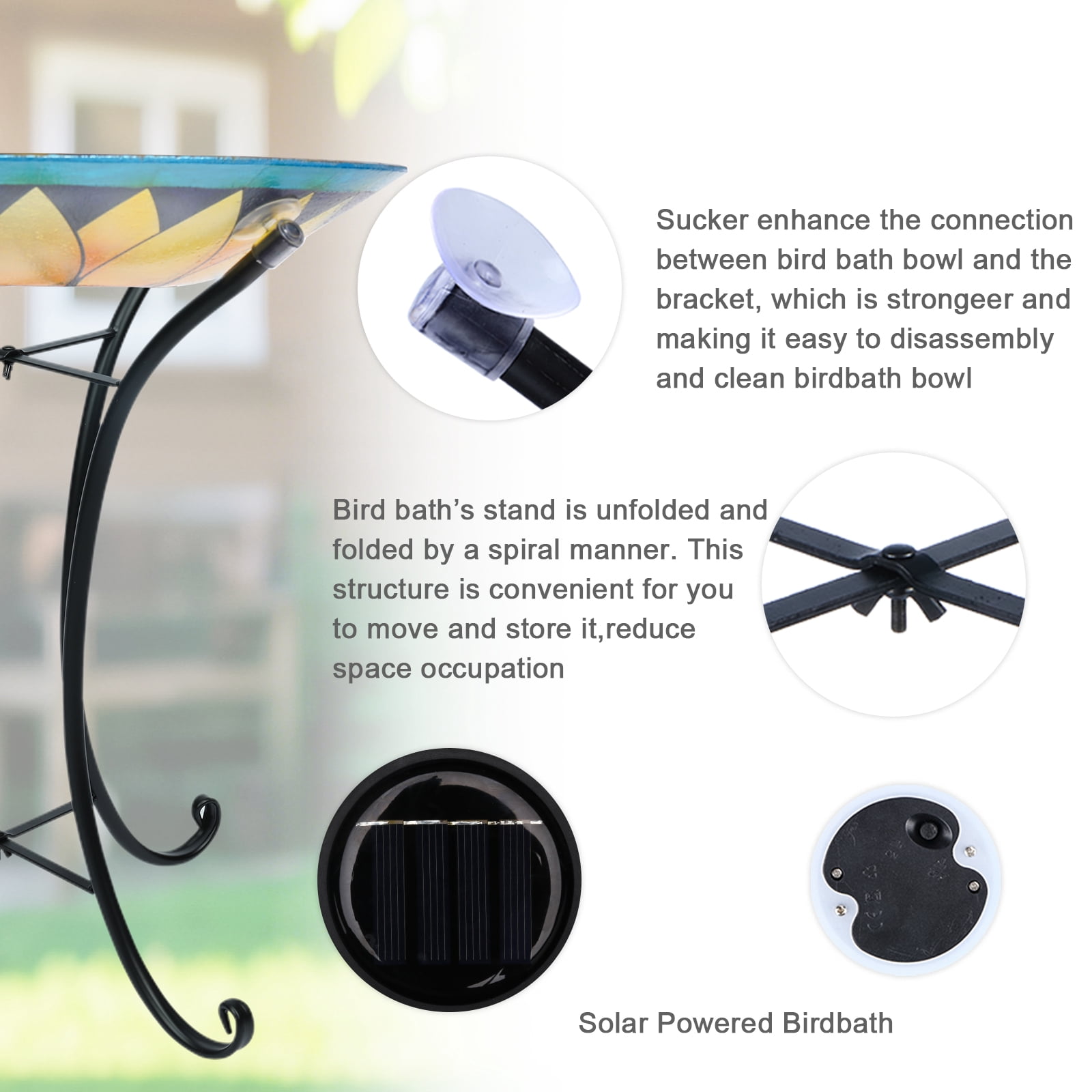 Outdoor Bird Bath, Large Glass Bird Baths Bowl with Metal Stand, Solar Sunflower Birdbaths for Outside Garden Lawn Yard Decor, 18”Dia 21.65”Height