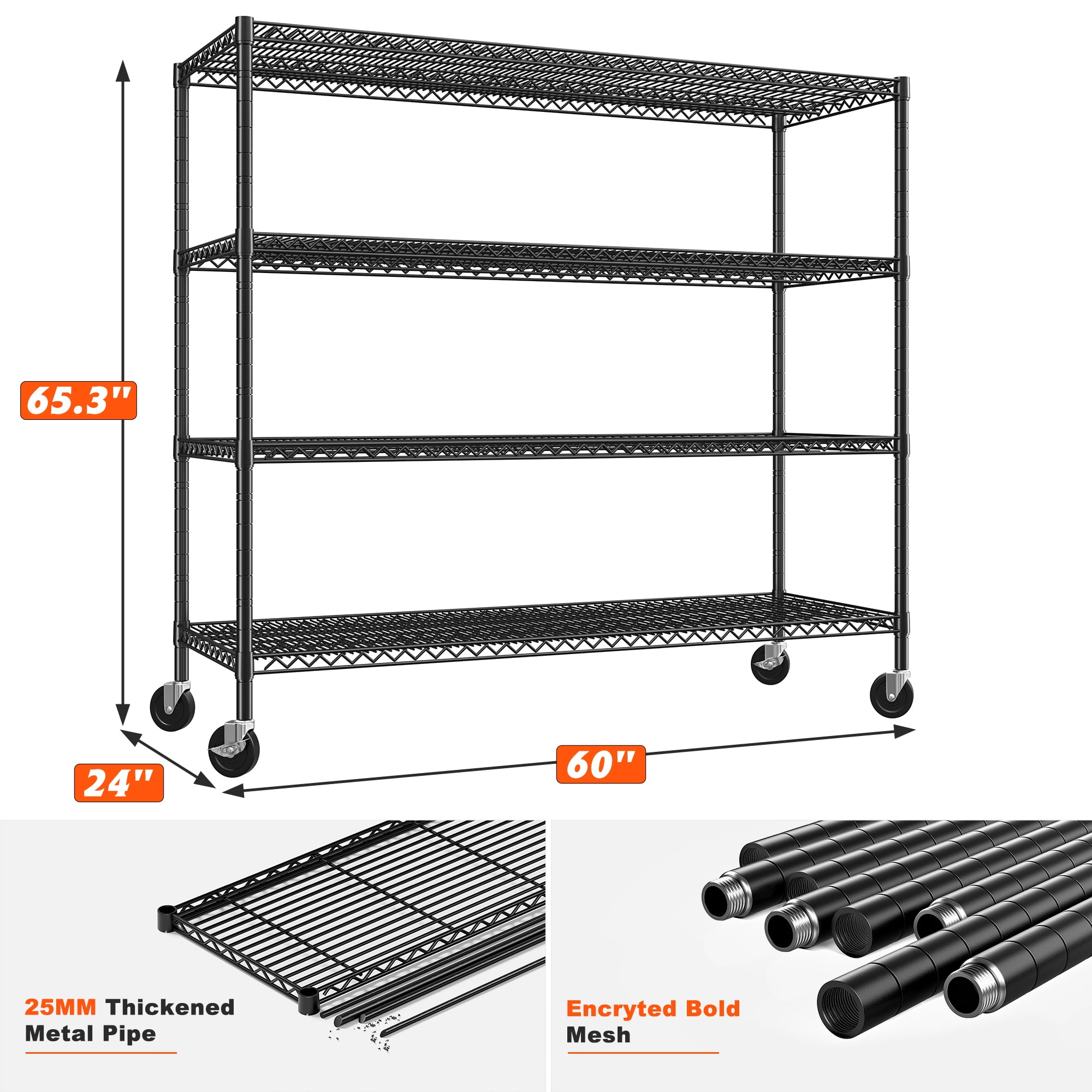 REIBII 60"W x 24"D x 65.3"H Wire Shelving 4 Shelf Storage Shelves with Wheels,2400lbs Total Capacity