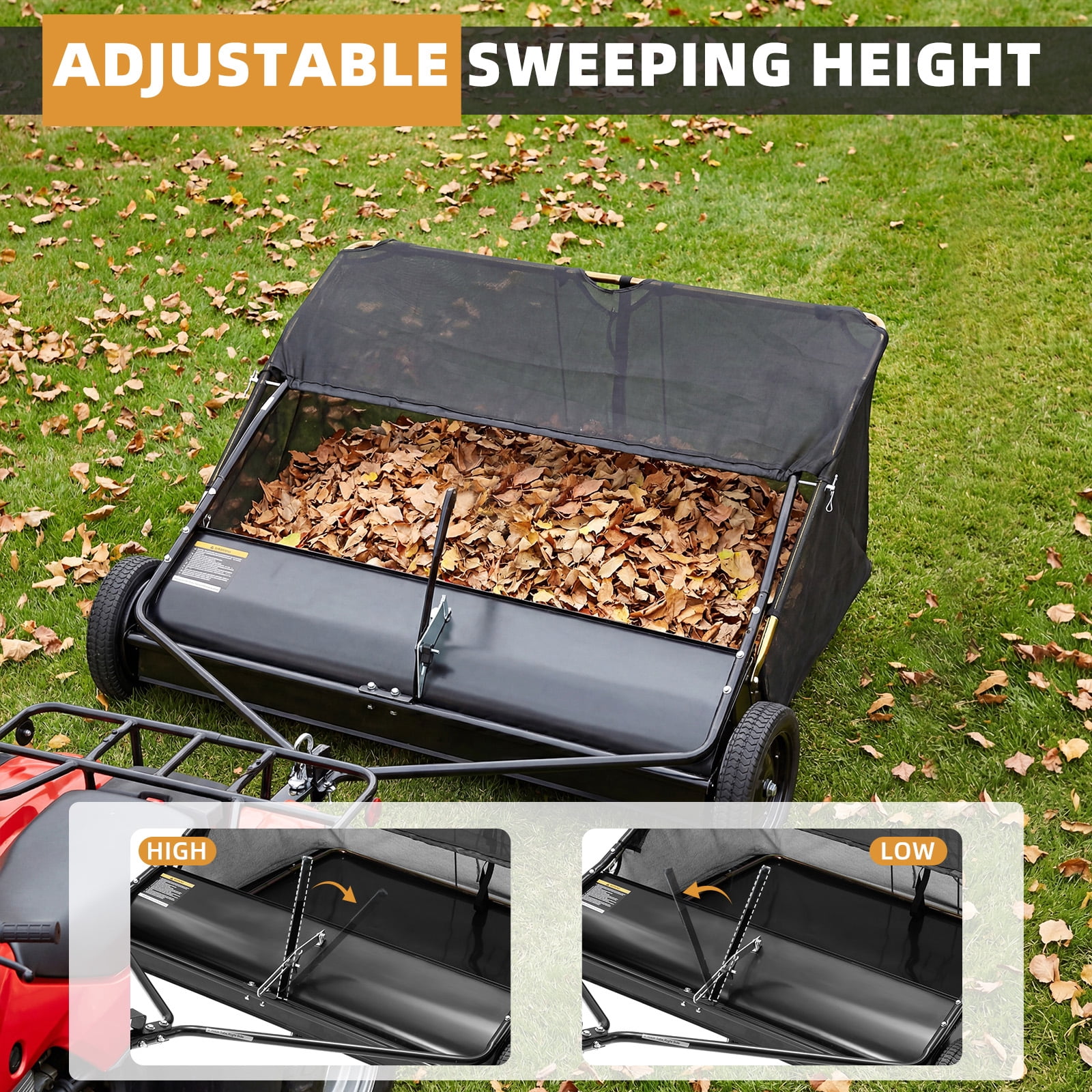JFHID 42-Inch Tow-Behind Lawn Sweeper with14 Cu.Ft Large Hopper Pull Behind Grass & Leaf Collector for Yard