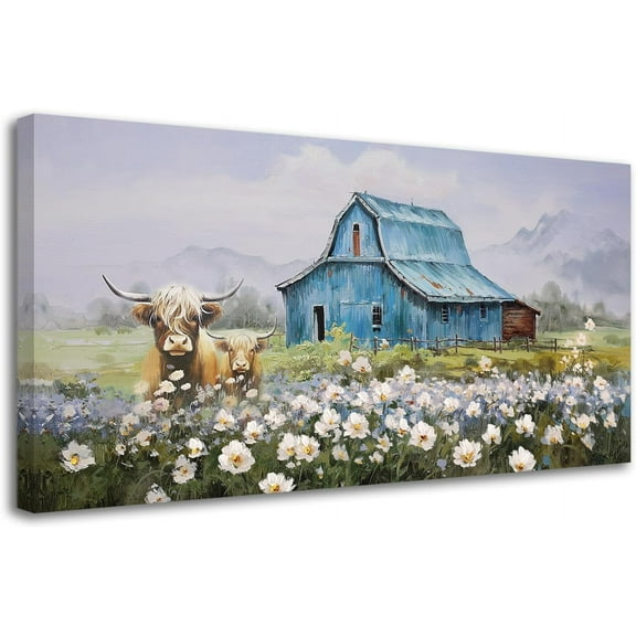 VELVET Blue Barn Picture Farmhouse Canvas Wall Art Highland Cow and White Flowers Landscape Textured Painting Large Scenery Artwork for Living Room Bedroom Bathroom Office Home Decor 14x11inch Framed