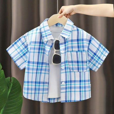 Boys Graphic Tees Toddler Boys Checkered Short Sleeve Button Down Shirt Boys Tops Sky Blue 9-10 Years