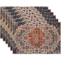 Ethnic Boho Southwest Placemats Set of 6,Orange Blue Teal Carpet Linen Washable Kitchen Dining Table Mats Heat Resistant Place Mats for Home Party Indoor Holiday 12x18 Inch
