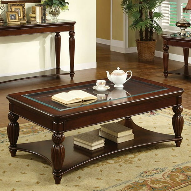 Traditional GlassInsert Coffee Table With Carved Turned Legs, Dark