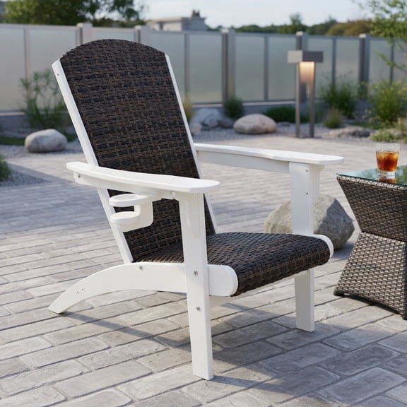 Yardi Yard Patio Adirondack Chair with Rattan Padded Seat and Hidden Cupholder, Patio Furniture Chair, Front Porch Chairs for Pool Deck-White