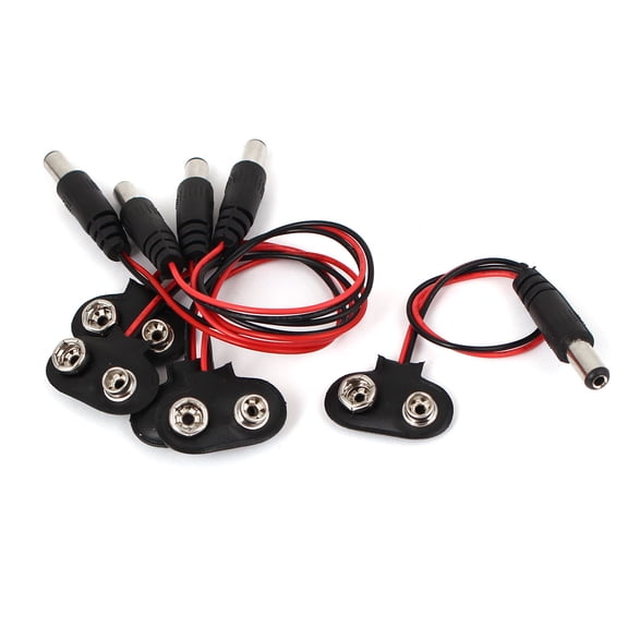 Uxcell 5 Pcs Battery Power Cable Clip 9V DC Jack Connector Wire 5" Length  Black Silver Tone Red