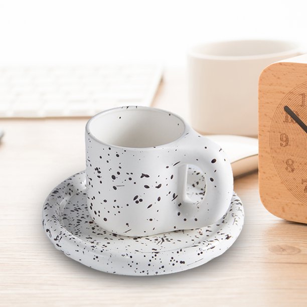 Linda taza nórdica de cerámica Taza de café gordita con platillo Leche Agua Cacao Bebidas frías Taza Superficie lisa Apto para lavavajillas Gran capac Puntos de tinta Soledad Taza de café