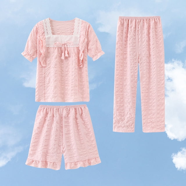 Girls Summer Solid Color Pajamas Home Casual Comfortable Soft Three Piece Set for 3-16 Years