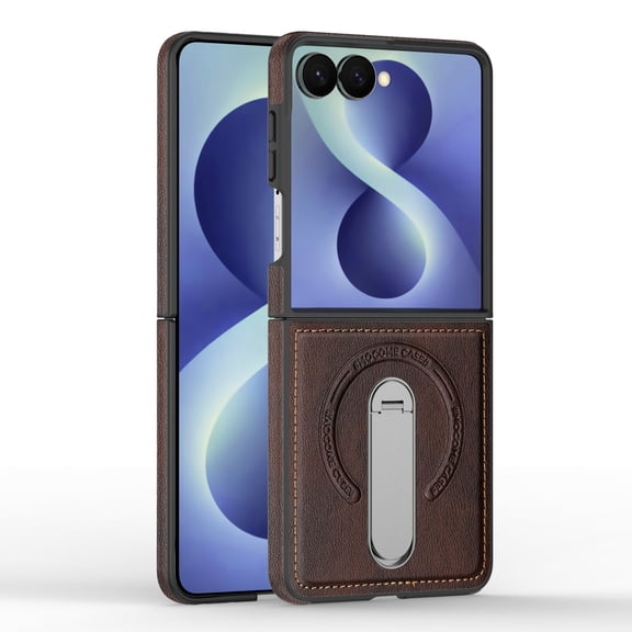 ELEHOLD Magnetic Leather Case for Samsung Galaxy Z Flip8, Built-in Kickstand Shockproof Protective Cover Supports Qi Charging,Coffee
