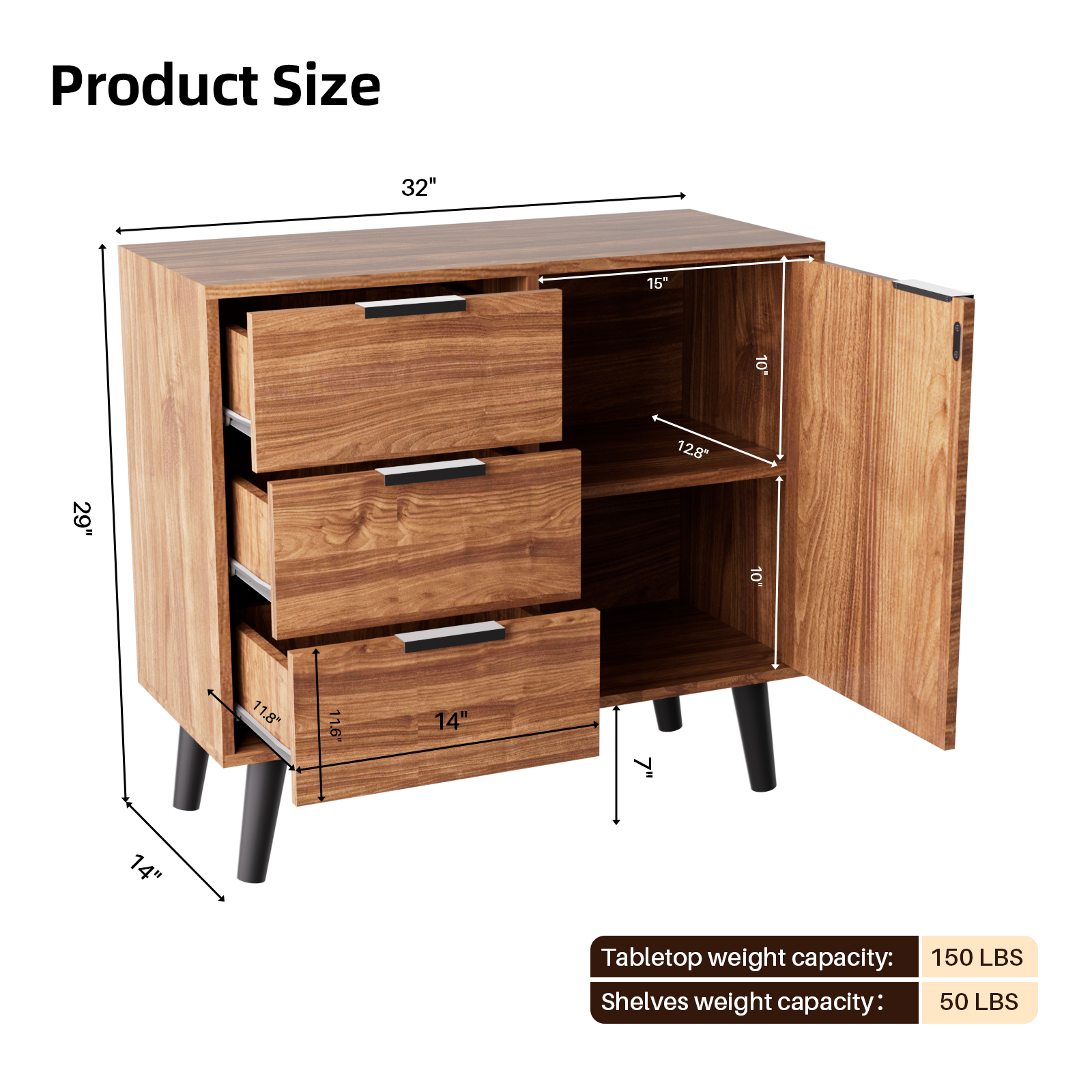 Msutree Buffet Sideboard Cabinet with Storage, Mid-Century Storage Cabinet with 3 Drawers and 1 Door, Kitchen Pantry Cabinet, Freestanding Accent Storage Cabinet for Living Room, Entryway