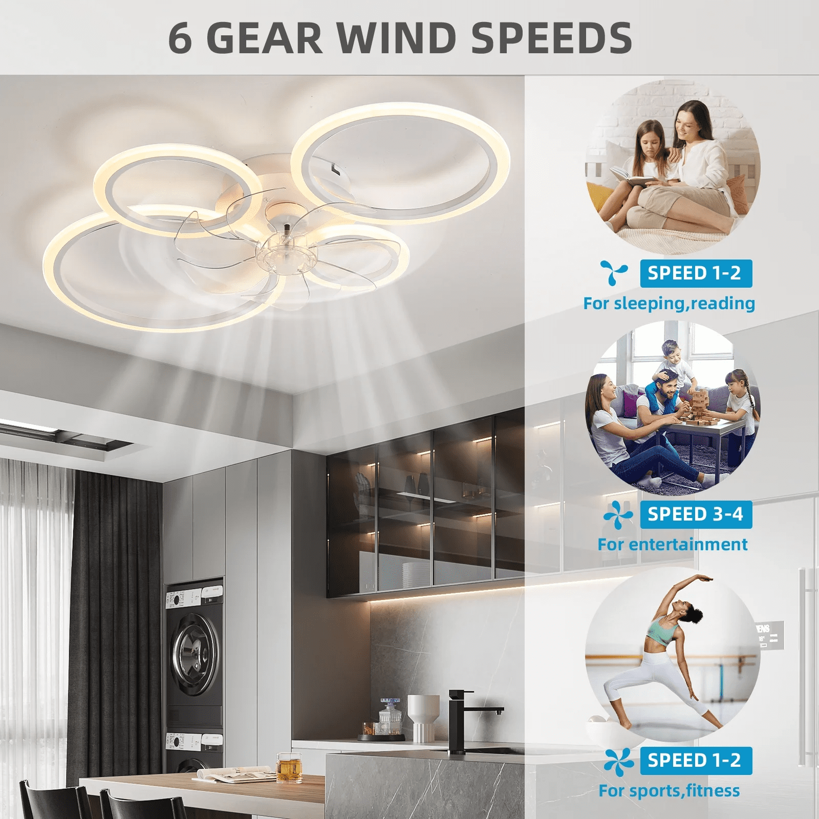 33'' Ceiling Fan with Light and Remote Control ，Low-Profile Modern Flush Mount Installation, Dimmable with 6 Speed Options for Bedrooms, Living Rooms, Dining Rooms, and Kitchens
