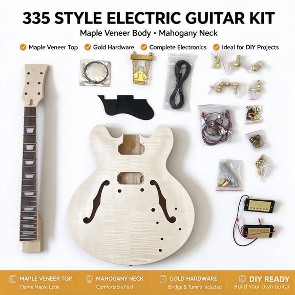 DIY Electric Guitar Kit 335-Style Hollow Gold Accessories Maple Veneer MAVERICK