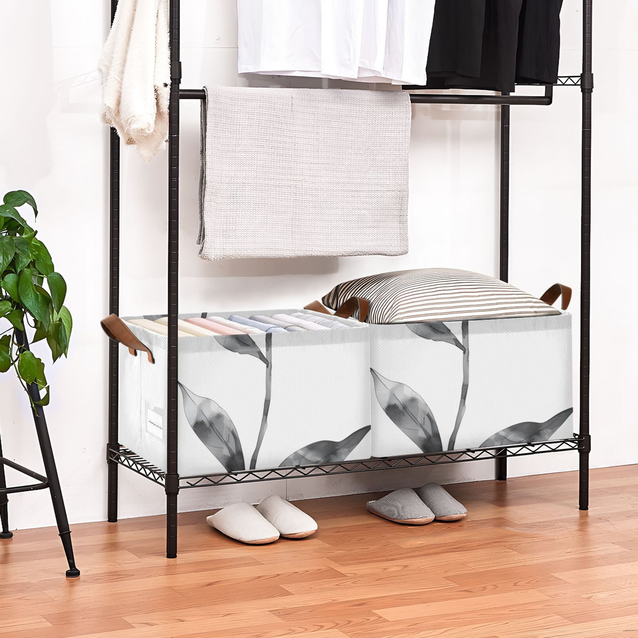 Red Flower Black Leaves Foldable Storage Large Fabric Storage Baskets Organizer Storage Bins with Handles for Shelves