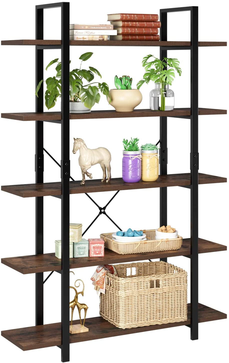 Homfa Industrial 5 Tier Storage Bookshelf , Wood Bookcase Shelf Unit ...