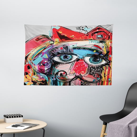 Art Decor Tapestry, Grafitti like Sketchy Colorful Painting with Human like Face Dog Animal Image , Wall Hanging for Bedroom Living Room Dorm Decor, 60W X 40L Inches, Multi Colored, by Ambesonne