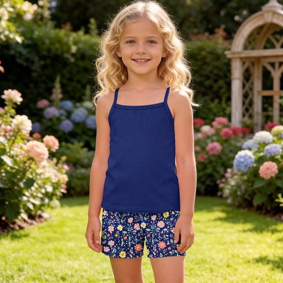 Amidoa Girls Summer 2 Piece Outfits Cute Floral Tank Top and Casual Shorts Kids Clothing Set Dark Dark Blue Size 4T