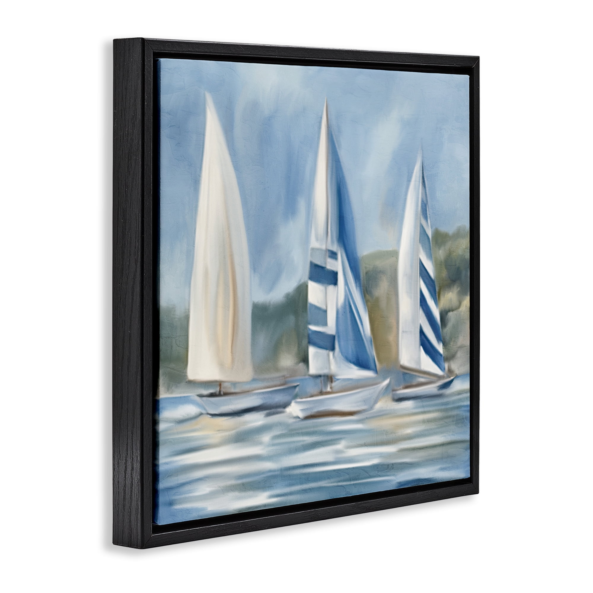 Stupell Industries Sailboat Trio Drifting Coastal Painting Black Floater Framed Canvas Art Print Wall Art, 18 x 18