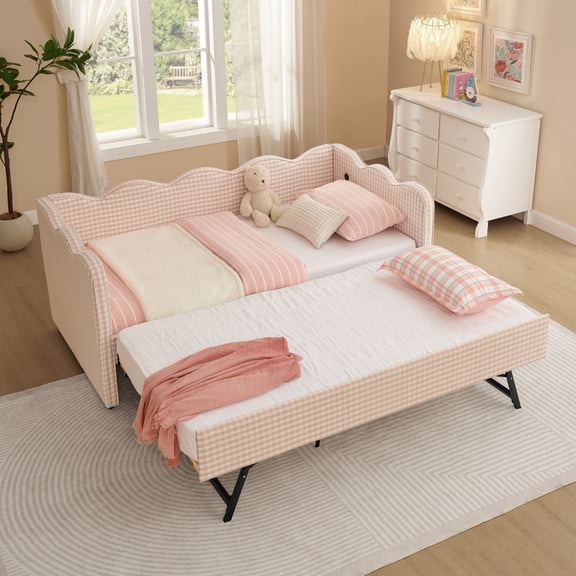 Twin Gingham Daybed with Trundle & USB Port, Linen Fabric Wave Shaped Sofa Bed, No Box Spring Required,Pink