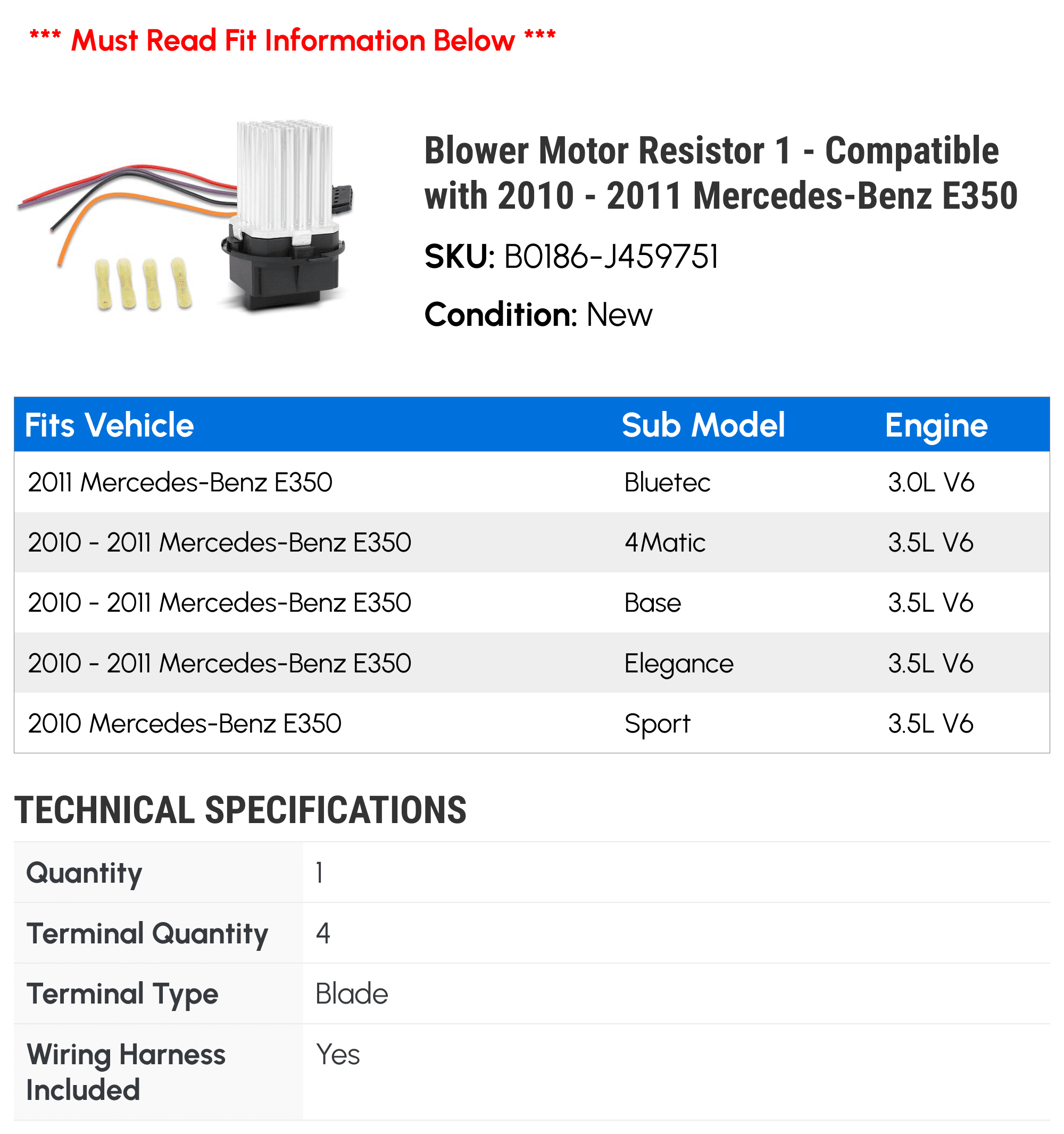 Blower Motor Resistor 1 - Compatible with 2010 - 2011 Mercedes-Benz E350 - Autopart Premium