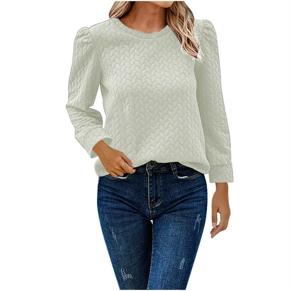 Lenpel Women's Crew Neck Sweatshirts Casual Puff Long Sleeve Textured Pullover Tops Fashion Fall Winter Clothes