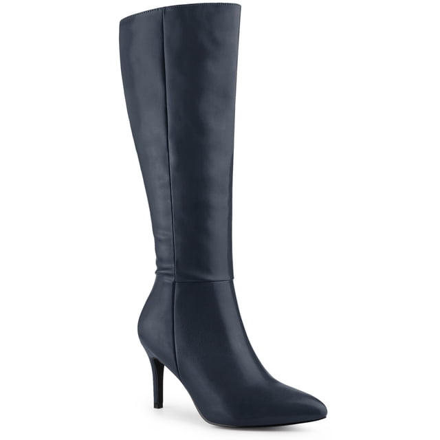 BLISSFUL STEP Women's Boots Knee High Slim Calf Pointed Toe Stiletto Heel Navy Blue 8