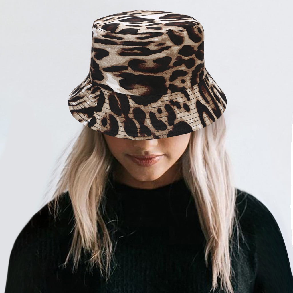 Women Leopard Fisherman Hats Summer Fashion Packable Wide Brim Bucket Hats Sun Protection Visor Cap 