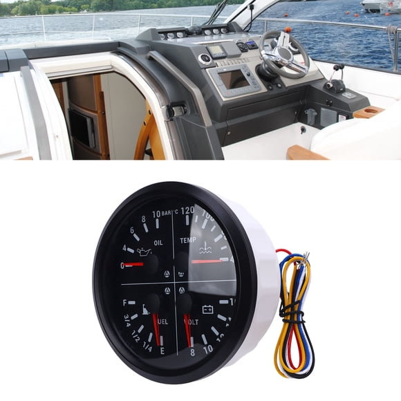 4 in 1 Fuel Level Gauge Oil Pressure Gauge Water Temp Gauge Voltmeter 4 3/8in E 1/4 1/2 3/4 F 0 to 10bar 40 to 120 degrees Celsius 8 to 16V for RV Yacht Truck