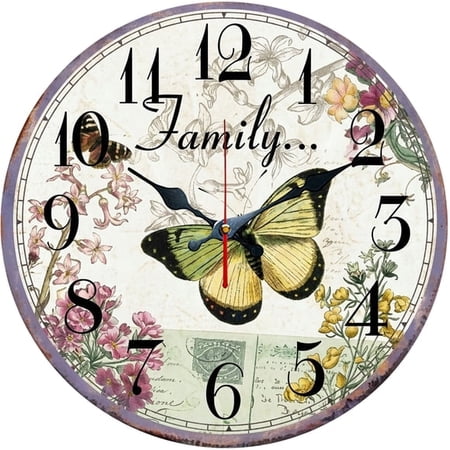 SBEMP10 Inch Silent Wall Clock, Vintage Distressed Butterfly Flower Family Decorative Wall Clock, Battery Operated Non-Ticking Round Clock for Living Room Bedroom Family Home Decor