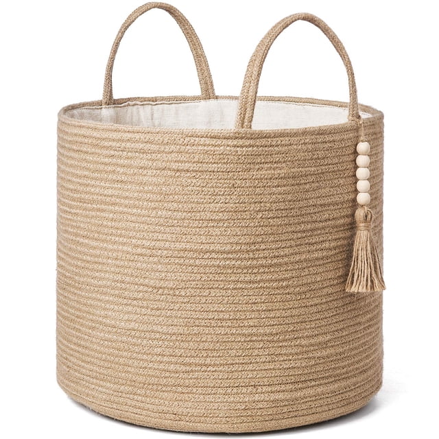 Mkono Cesta de almacenamiento tejida decorativa de cuerda natural, decoración de cuentas de madera para mantas, juguetes, ropa, zapatos, organizador de plantas con asas, decoración del hogar, yute, 16