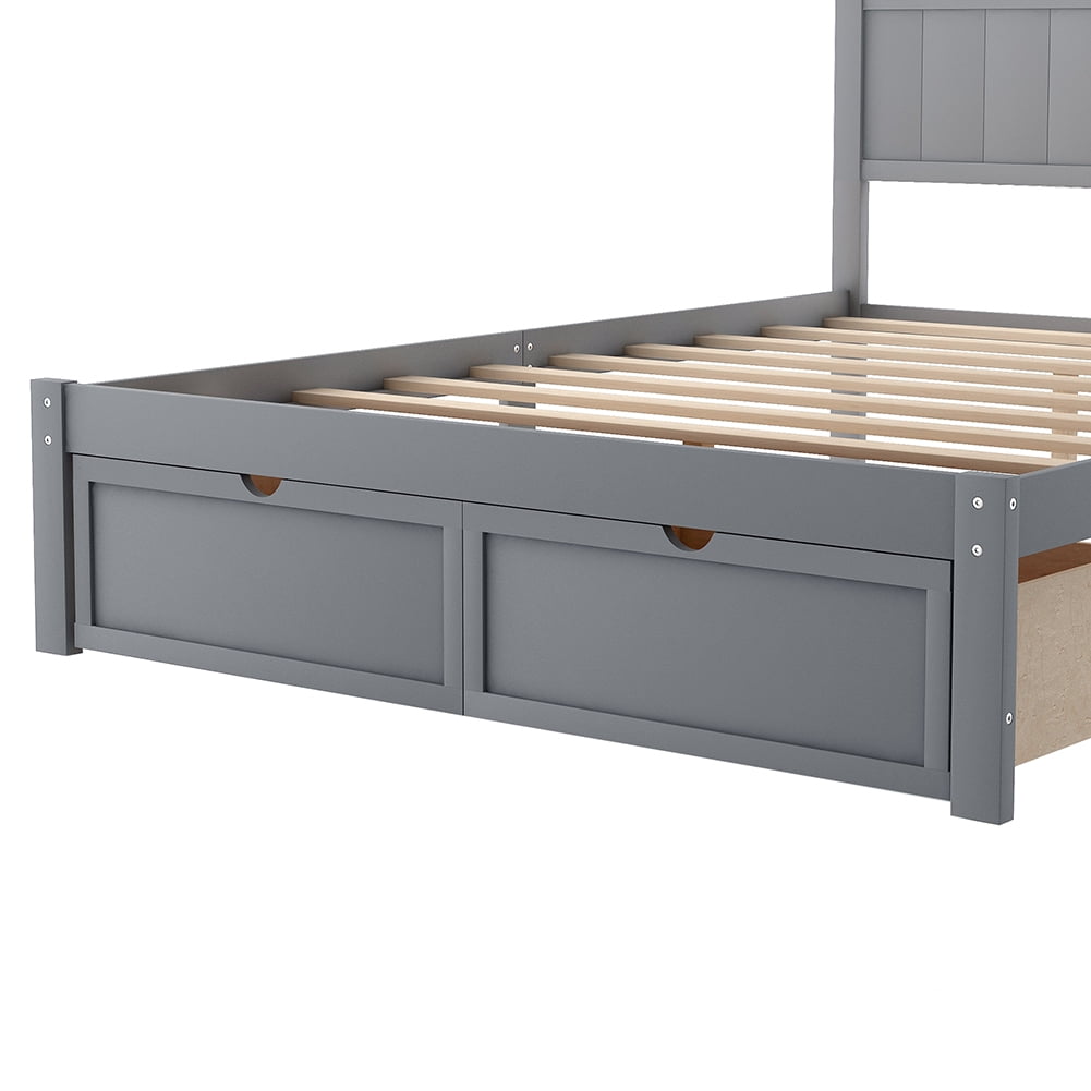 Veryke Wood Platform Bed with Headboard, Storage Drawer, Wood Slat Support, Full, Gray