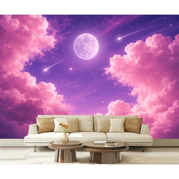 Peel and Stick Wallpaper Waterproof Magical Pink Sky Clouds Shooting Stars Wall Mural Decor Self Adhesive and Removable 69in x 98in