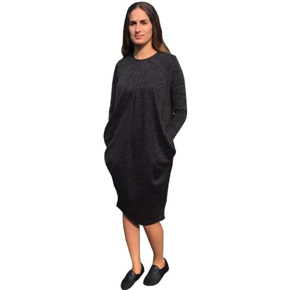 Baby'O Women's Brushed Sweater Knit Pleated Front Slouch Pocket Midi Dress