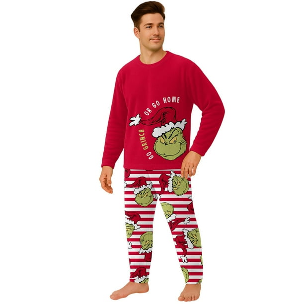 Moonsky| Red Flannel Christmas Pajamas For Family Parent-child Warm Christmas Set Giant Monster Printed Home Wear Pajamas Two-piece Mom Set Stripes Pants Matching Christmas Pjs For Winter#Men M