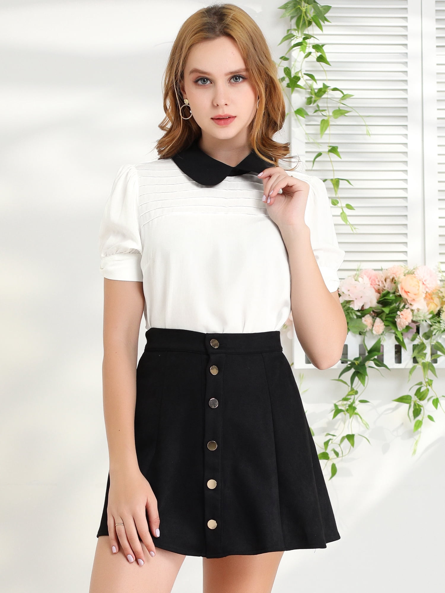 DARING DIVA Peter Pan Collar Contrast Puff Blouse Top XL White