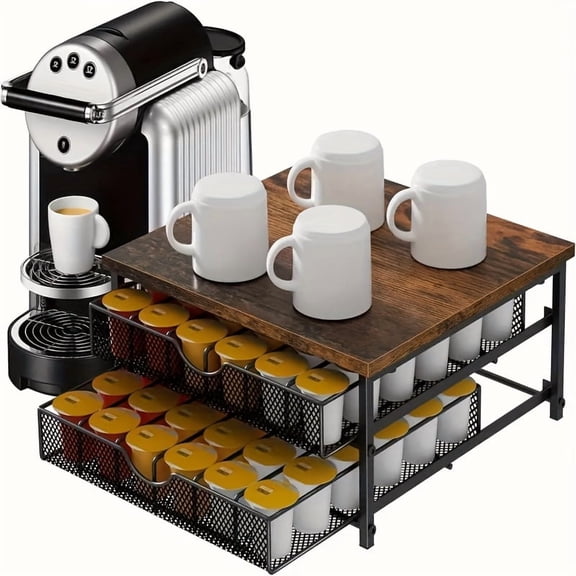K Cup Storage Drawer, Metal Sliding Coffee Pod Holder for Countertop, Brown Capsule Organizer Basket