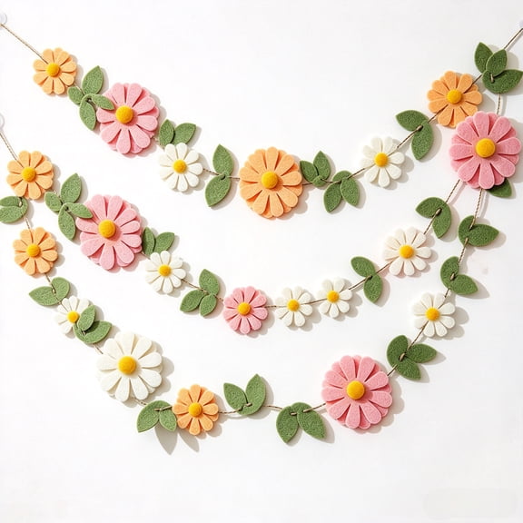 Colorful Felt Daisy Banner, Spring Flower Leaf Garland for Wedding Party Home Decor