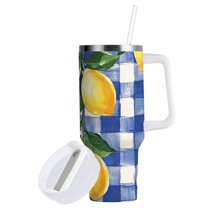 Yayeee 30oz Double-Wall Insulated Stainless Steel Tumbler with Handle Bottle, Blue Plaid Lemon